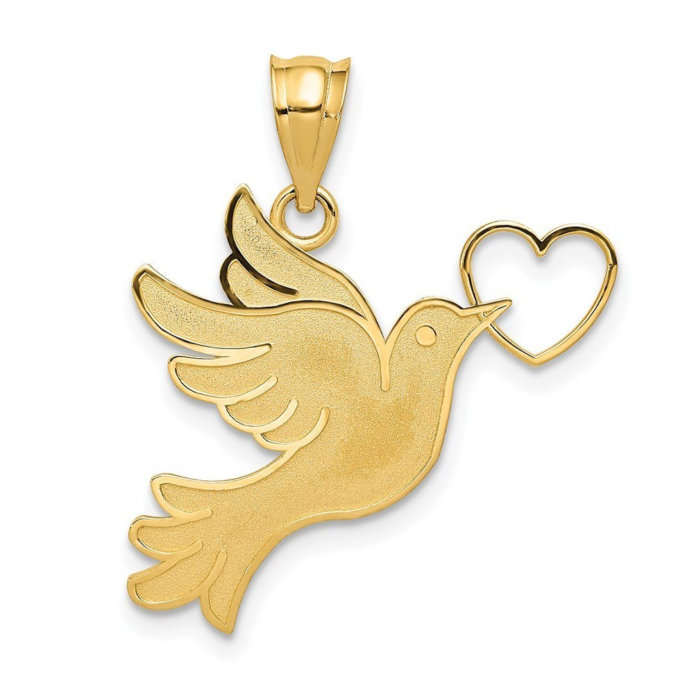 14k Yellow Gold Dove W/Heart Necklace Charm Pendant